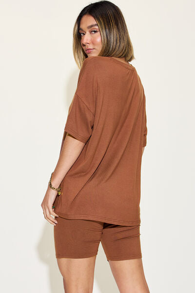 Basic Bae Full Size V-Neck Drop Shoulder Short Sleeve T-Shirt and Shorts Set *