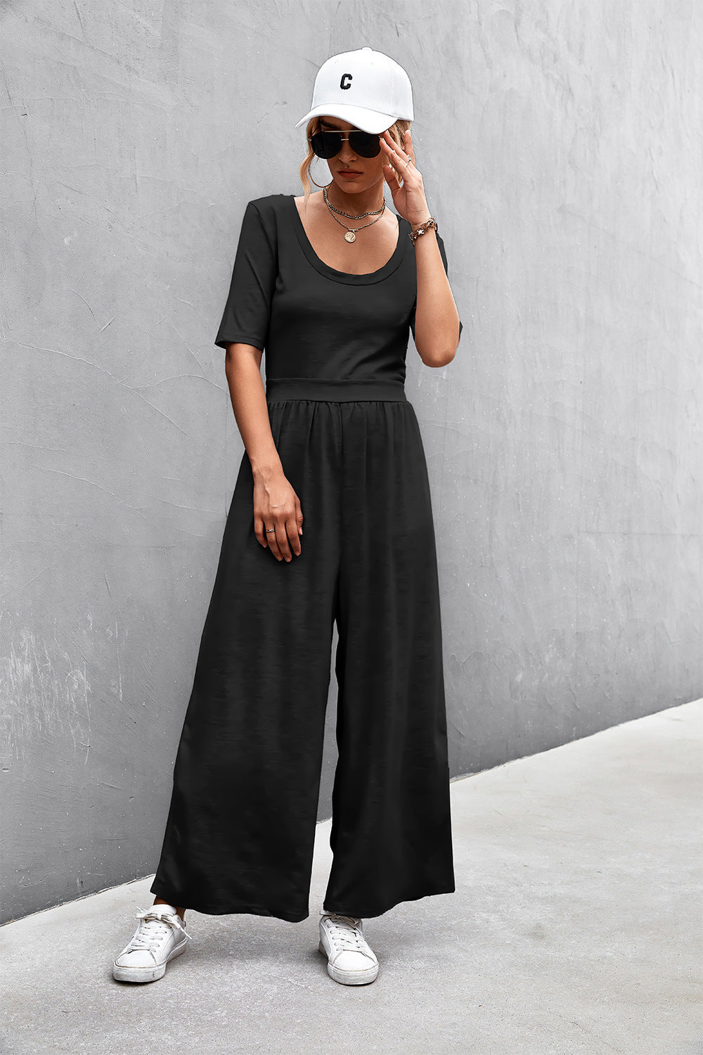 Women's Scoop Neck Half Sleeve Wide Leg Jumpsuit