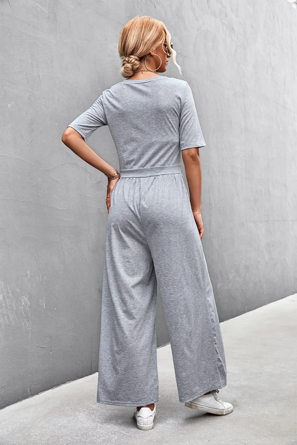 Women's Scoop Neck Half Sleeve Wide Leg Jumpsuit