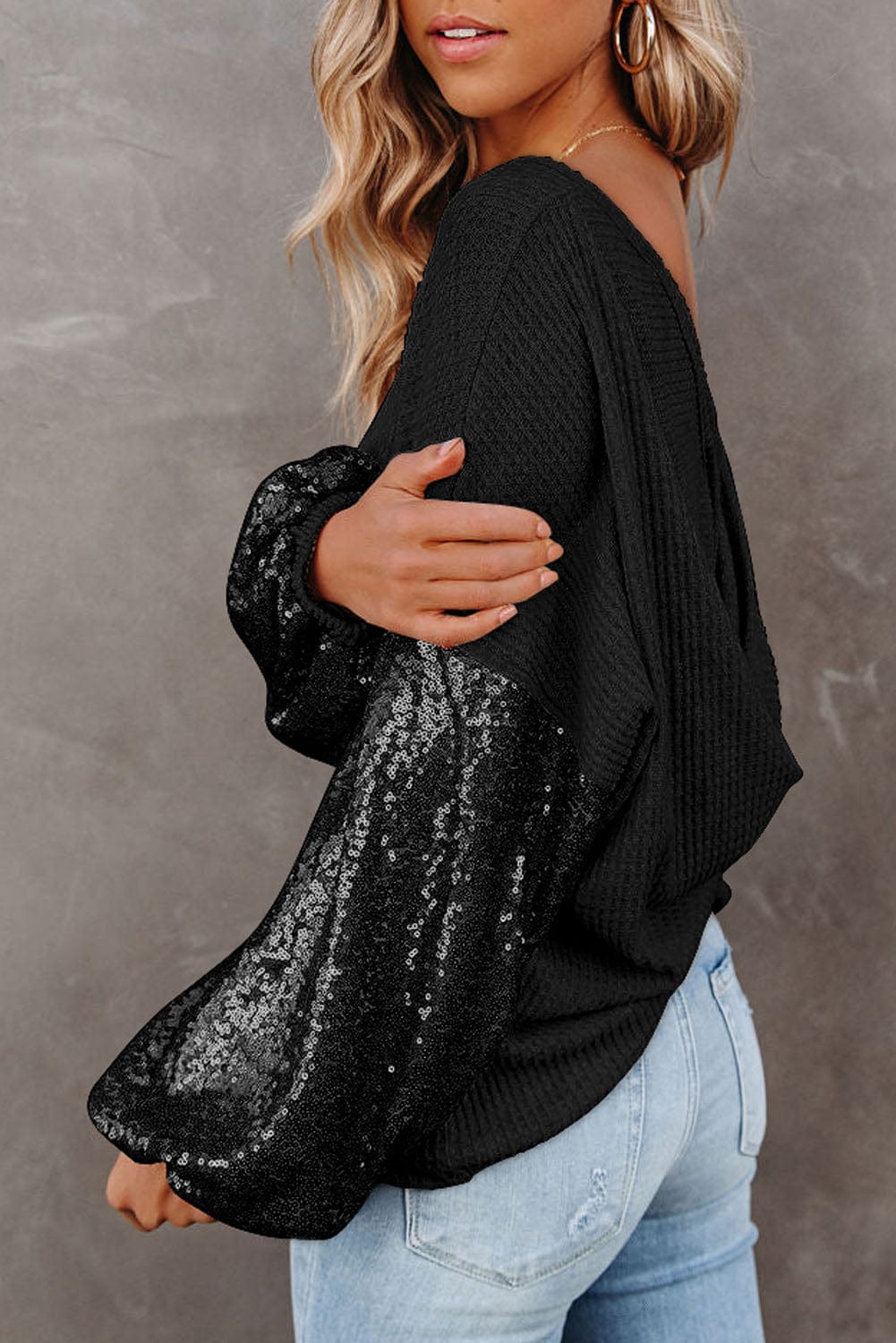 Full Size Sequin Waffle-Knit Blouse