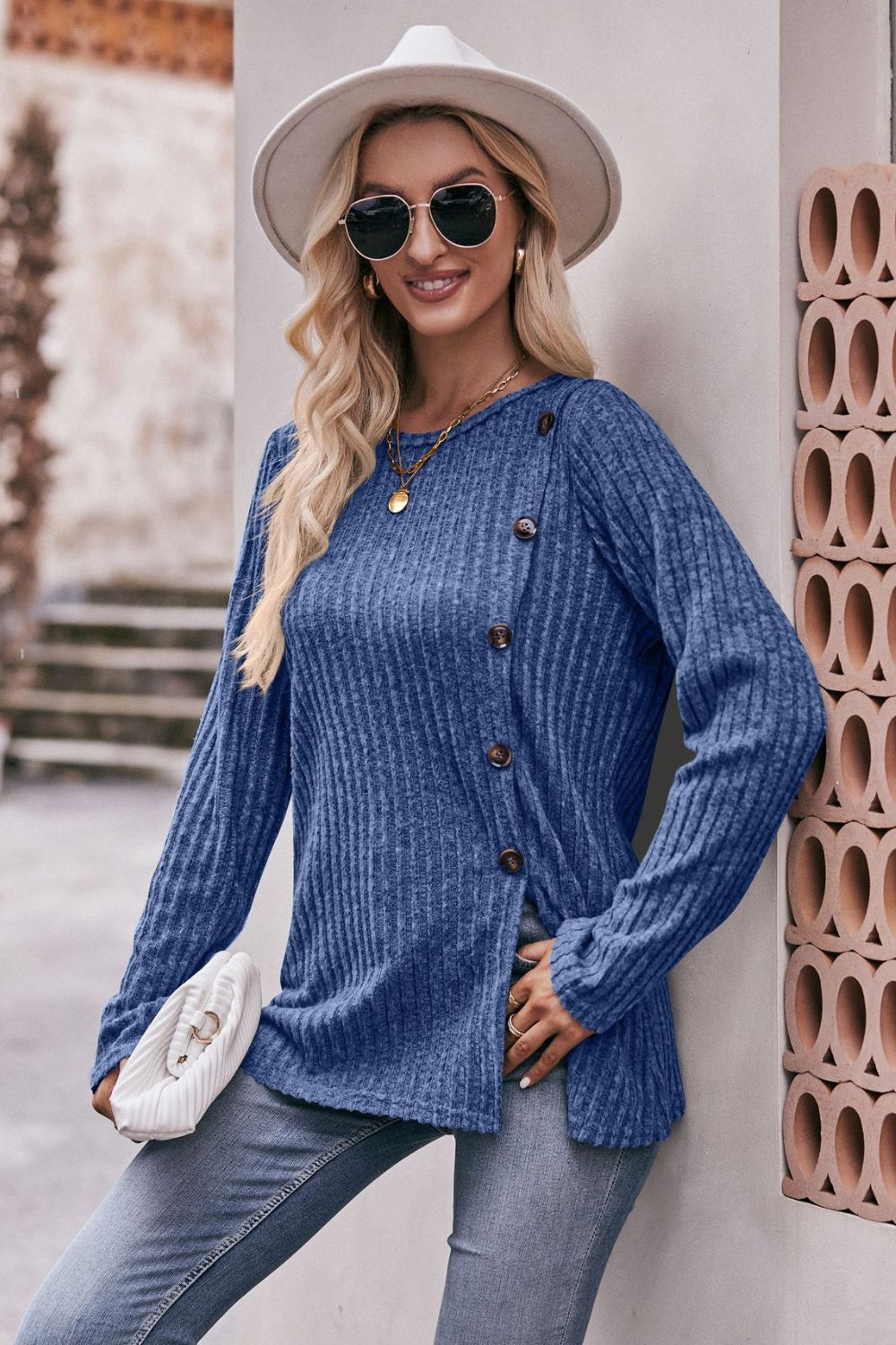 Full Size Ribbed Round Neck Buttoned Tee