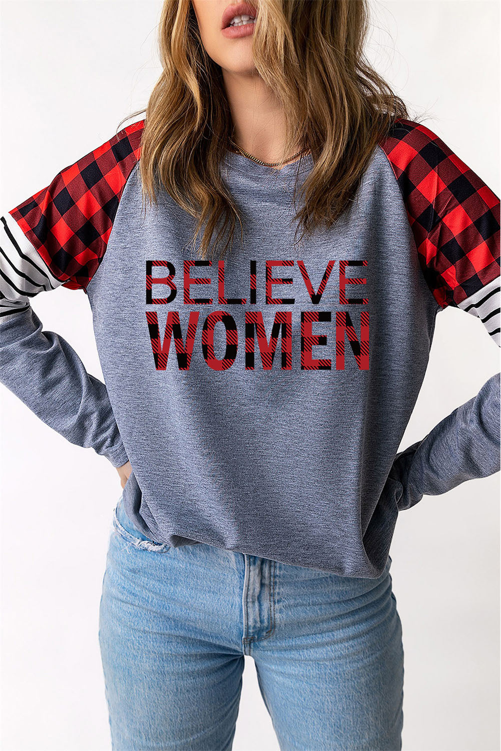 Women's Full Size BELIEVE WOMEN Plaid Striped Raglan Sleeve Top