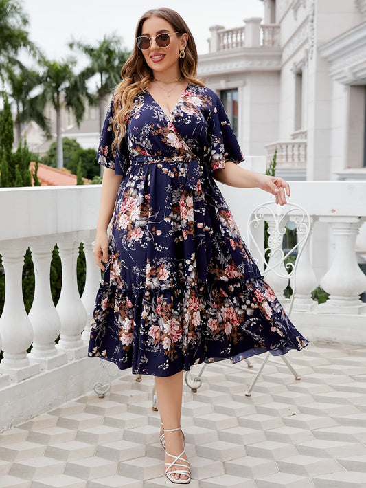 RANEE Plus Size Floral Surplice Neck Midi Dress