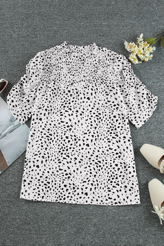 Women's Full Size Printed Smocked Mock Neck Blouse