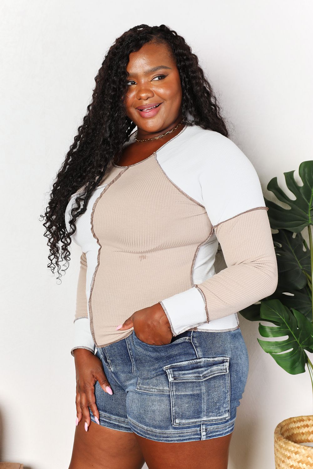 Double Take Khaki Color Block Exposed Seam Top *
