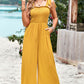 Women's Frill Trim Tie Shoulder Wide Leg Jumpsuit with Pockets