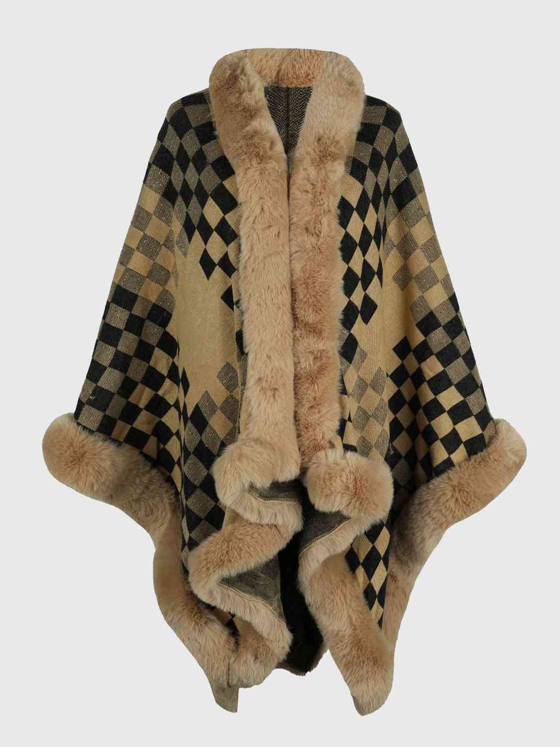 Savannah Jay One Size Checkered Faux Fur Trim Poncho