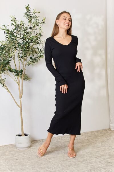 Culture Code Full Size Ribbed Long Sleeve Midi Slit Dress *