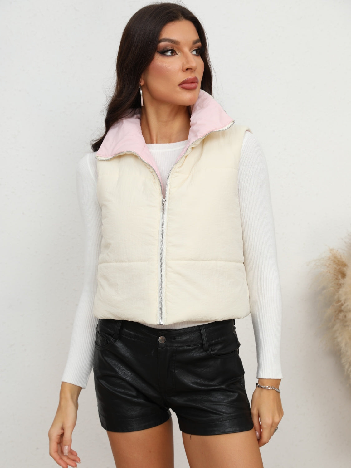 White Full Size Zip-Up Collared Vest