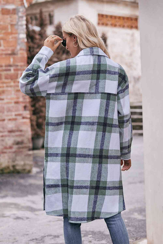 Full Size Plaid Dropped Shoulder Longline Jacket