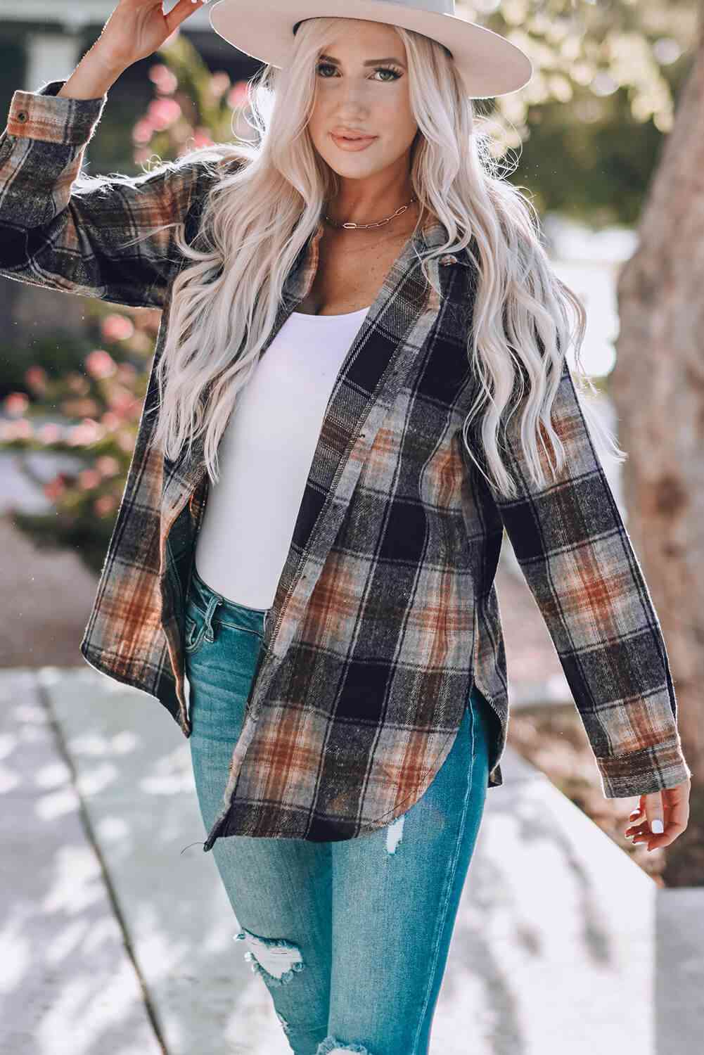 Double Take Black Plaid Side Slit Curved Hem Shirt