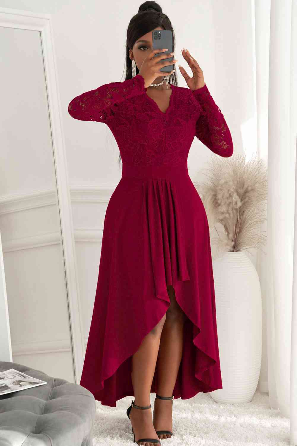 Full Size Lace High-Low V-Neck Dress