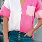 Malibu Dreams Women's Short Sleeve Color Block Textured Johnny Collar Blouse