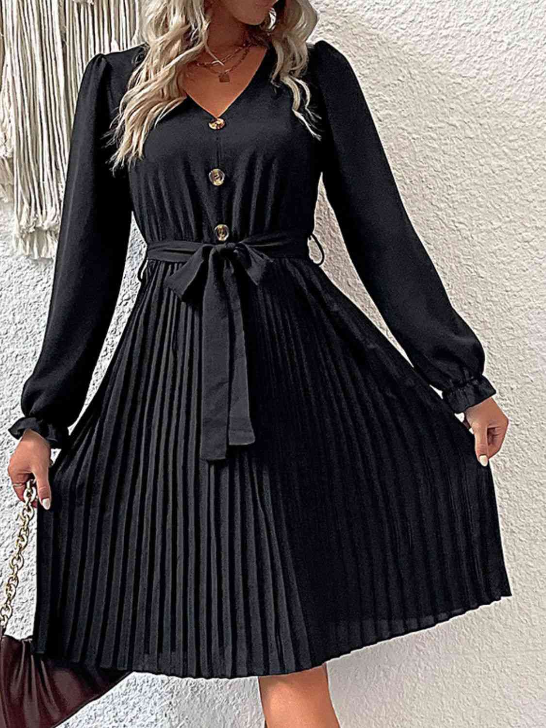 Decorative Button Belted Puff Sleeve Pleated Black Dress