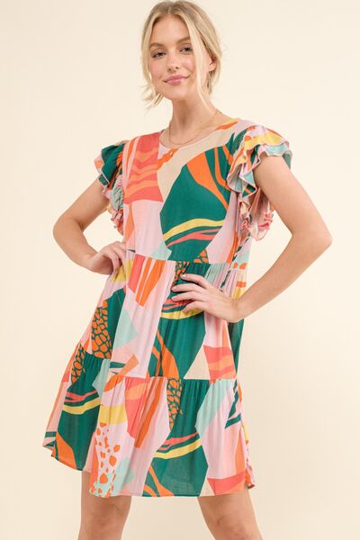 And The Why Printed Double Ruffle Sleeve Dress *