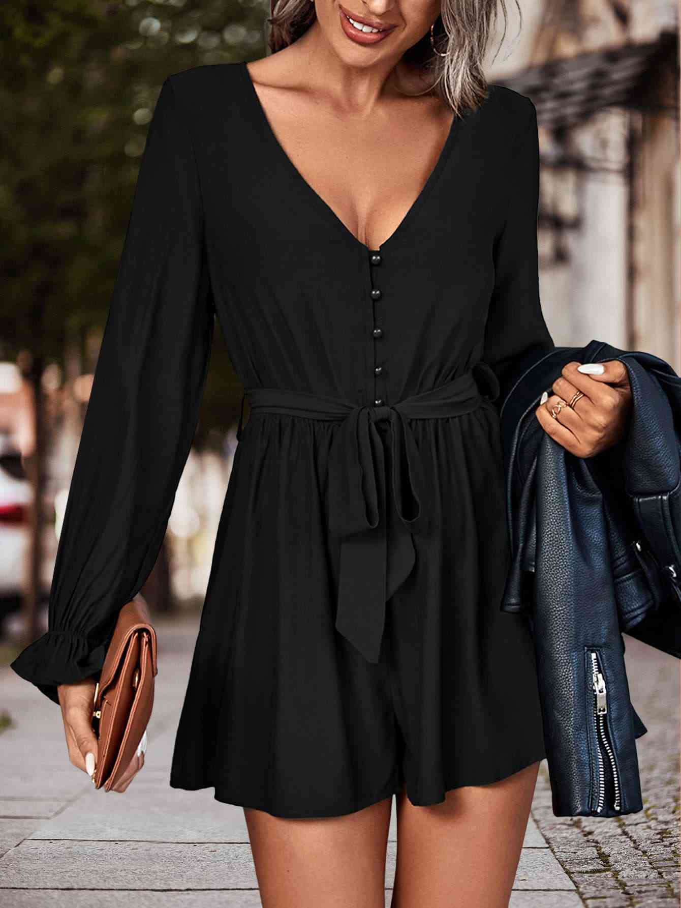 BodatiousJumpers Long Flounce Sleeve V-Neck Romper