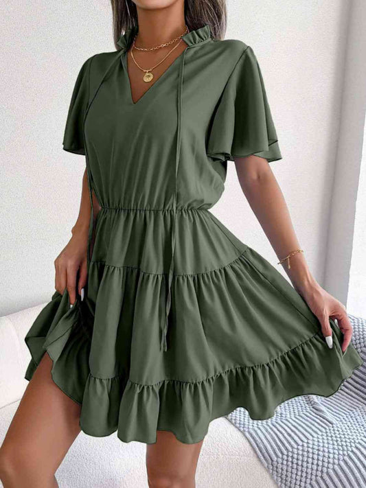 Women's Obsessed Tie Neck Tiered Flutter Sleeve Mini Dress