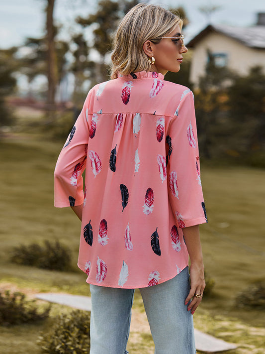 Full Size Printed Roll-Tab Sleeve Notched Neck Blouse