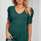 Heathered V-Neck Puff Sleeve T-Shirt