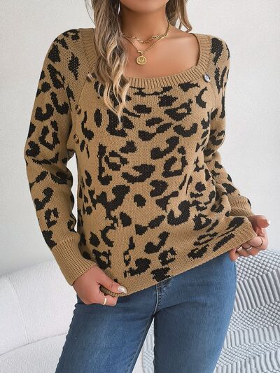 BodaciousBabe Leopard Buttoned Square Neck Sweater