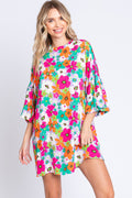GeeGee Full Size Floral Round Neck Lantern Sleeve Mini Dress *