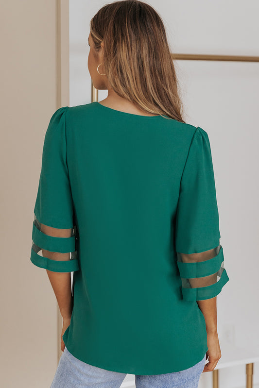 Women's Full Size Sheer Striped Flare Sleeve V-Neck Blouse