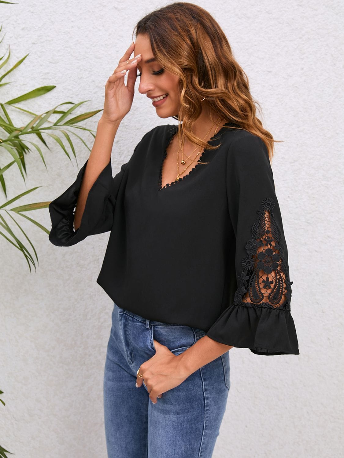 Full Size V-Neck Lace Detail Flounce Sleeve Blouse