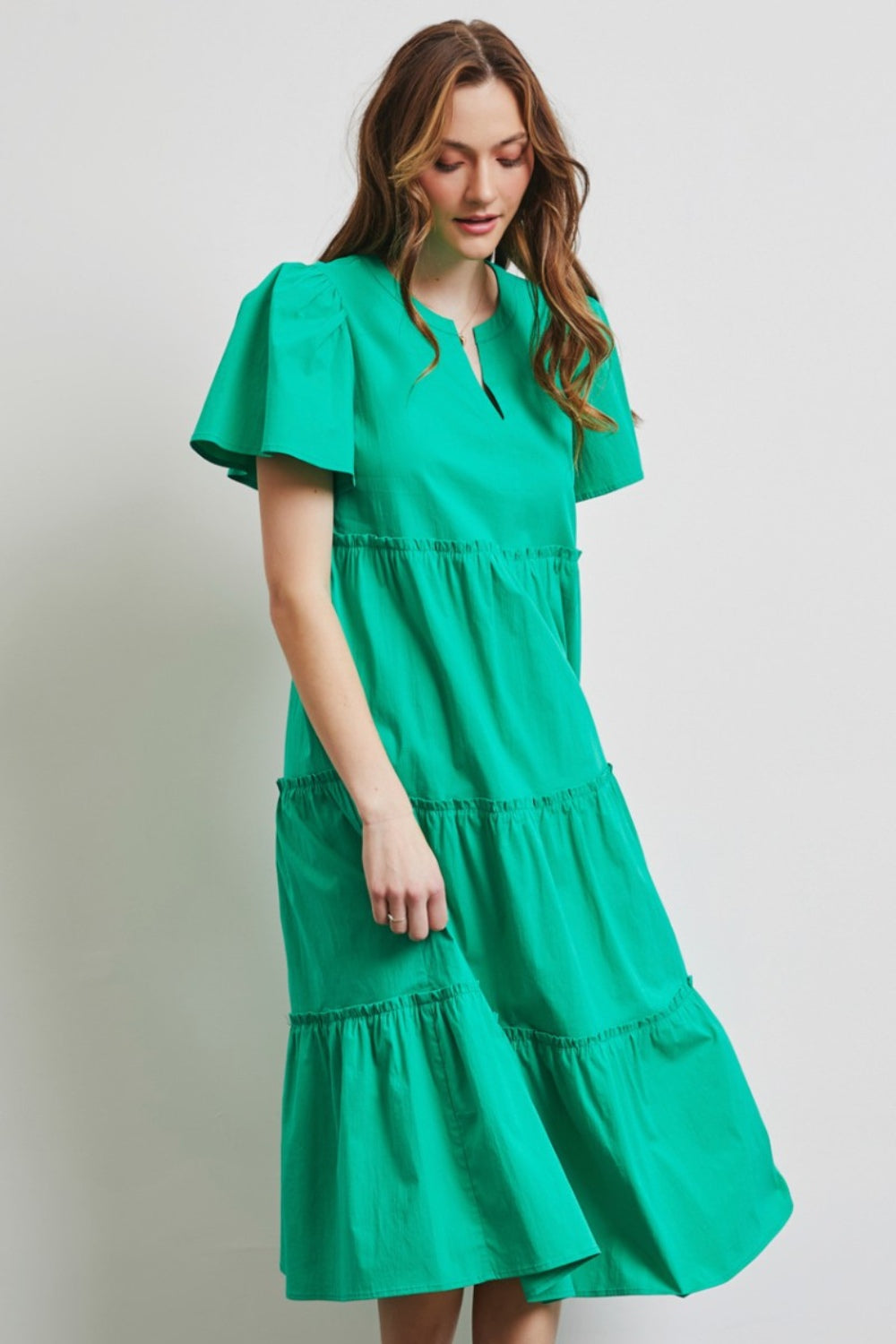 HEYSON Full Size Cotton Poplin Ruffled Tiered Midi Dress *