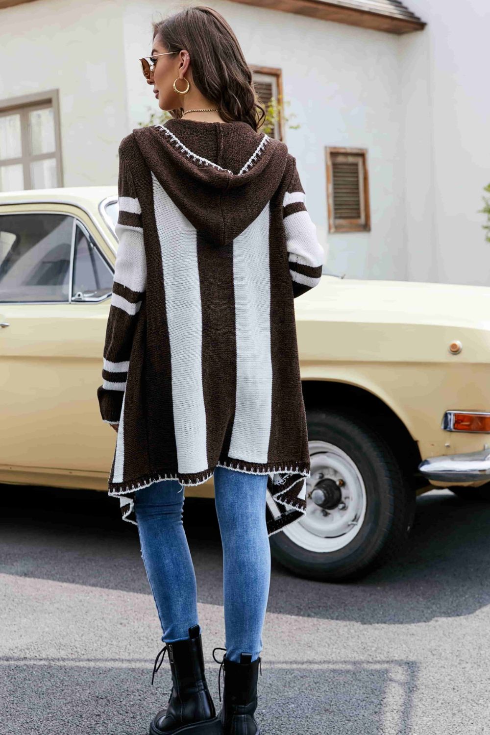 Women's Striped Open Front Hooded Cardigan