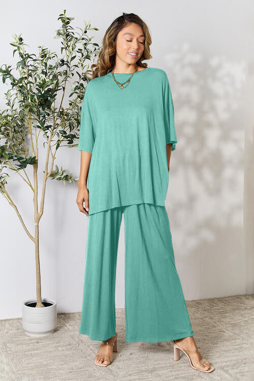 Double Take Full Size Round Neck Slit Top and Pants Set *