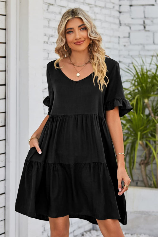 SO BOHO Full Size V-Neck Flounce Sleeve Tiered Dress