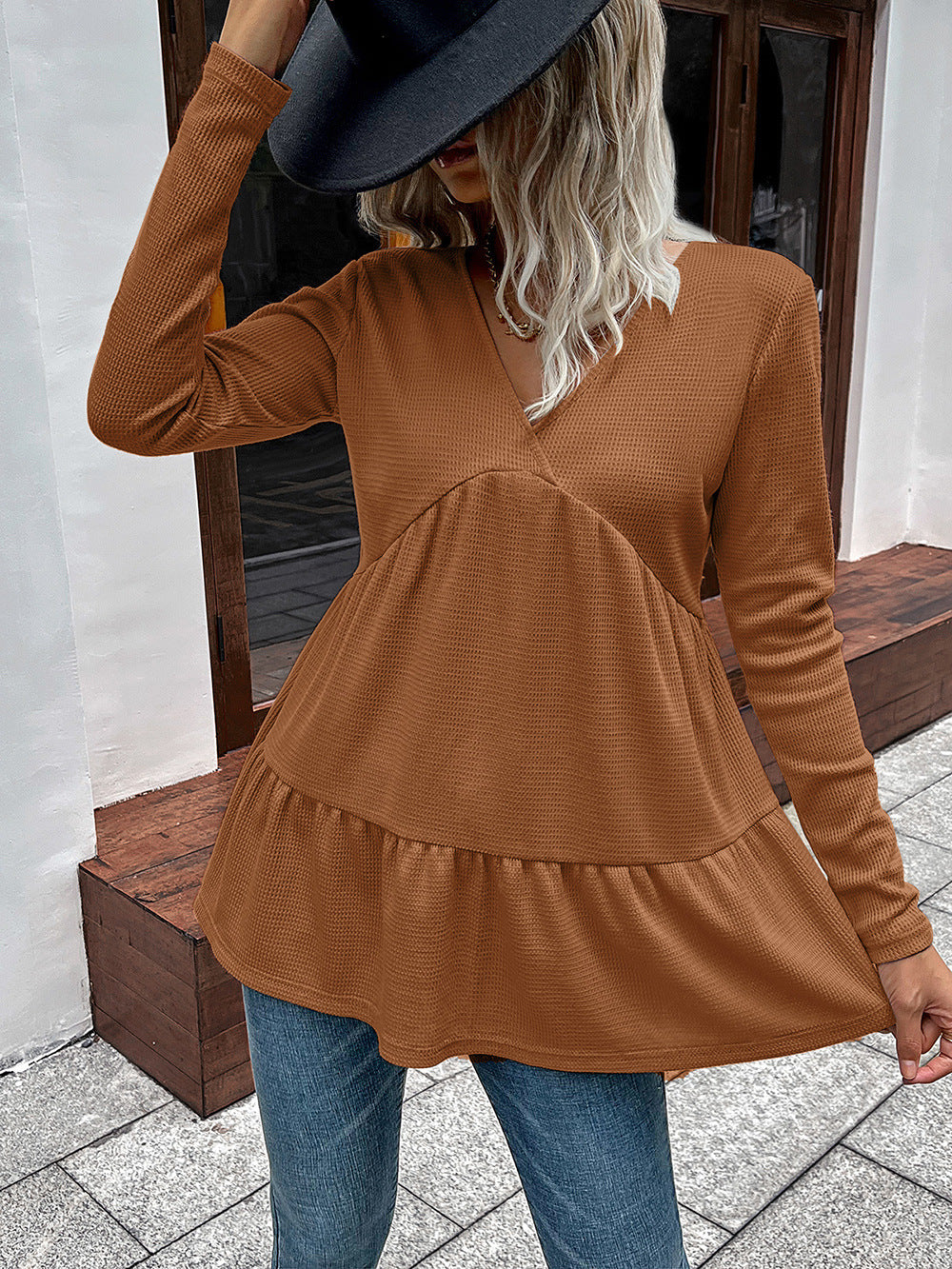 Waffle-knit V-Neck Long Sleeve Blouse