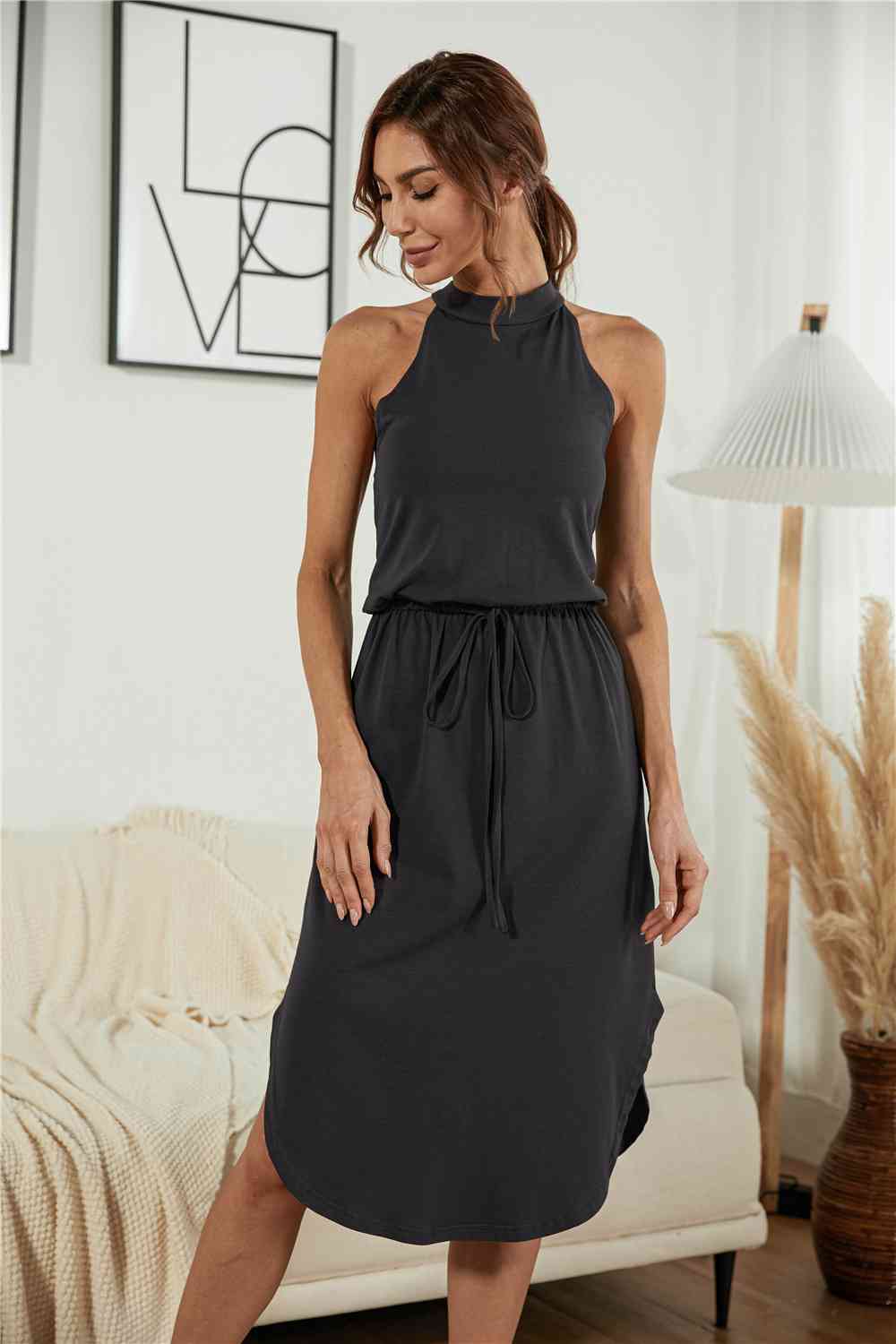 Full Size Drawstring Open Back Slit Sleeveless Dress