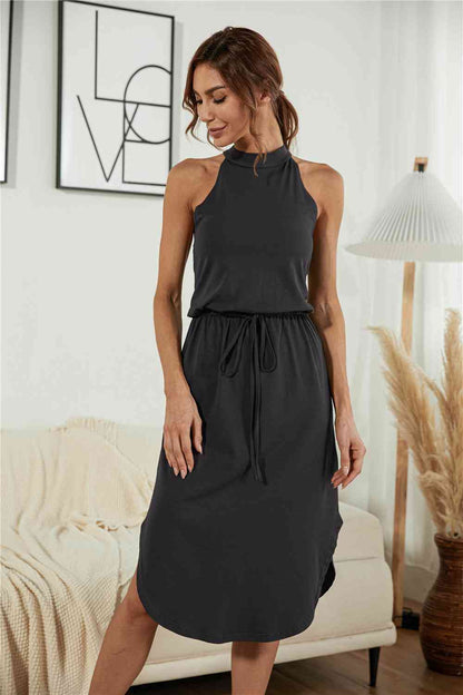 Full Size Drawstring Open Back Slit Sleeveless Dress