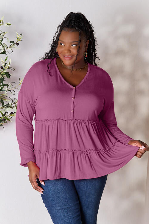 Double Take Half Button Long Sleeve Ruffle Hem Blouse *