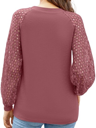 Full Size Adryane Jay Eyelet Round Neck Long Sleeve T-Shirt