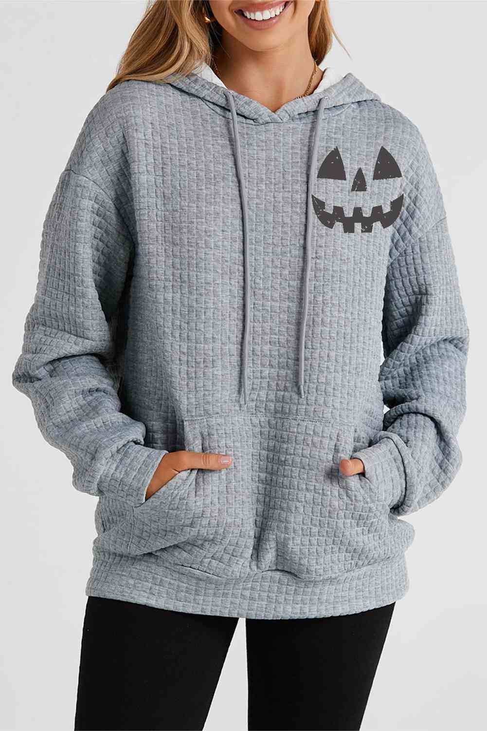 SEASONAL FALL Pumpkin Face Graphic Charcoal Drawstring Hoodie with Pocket