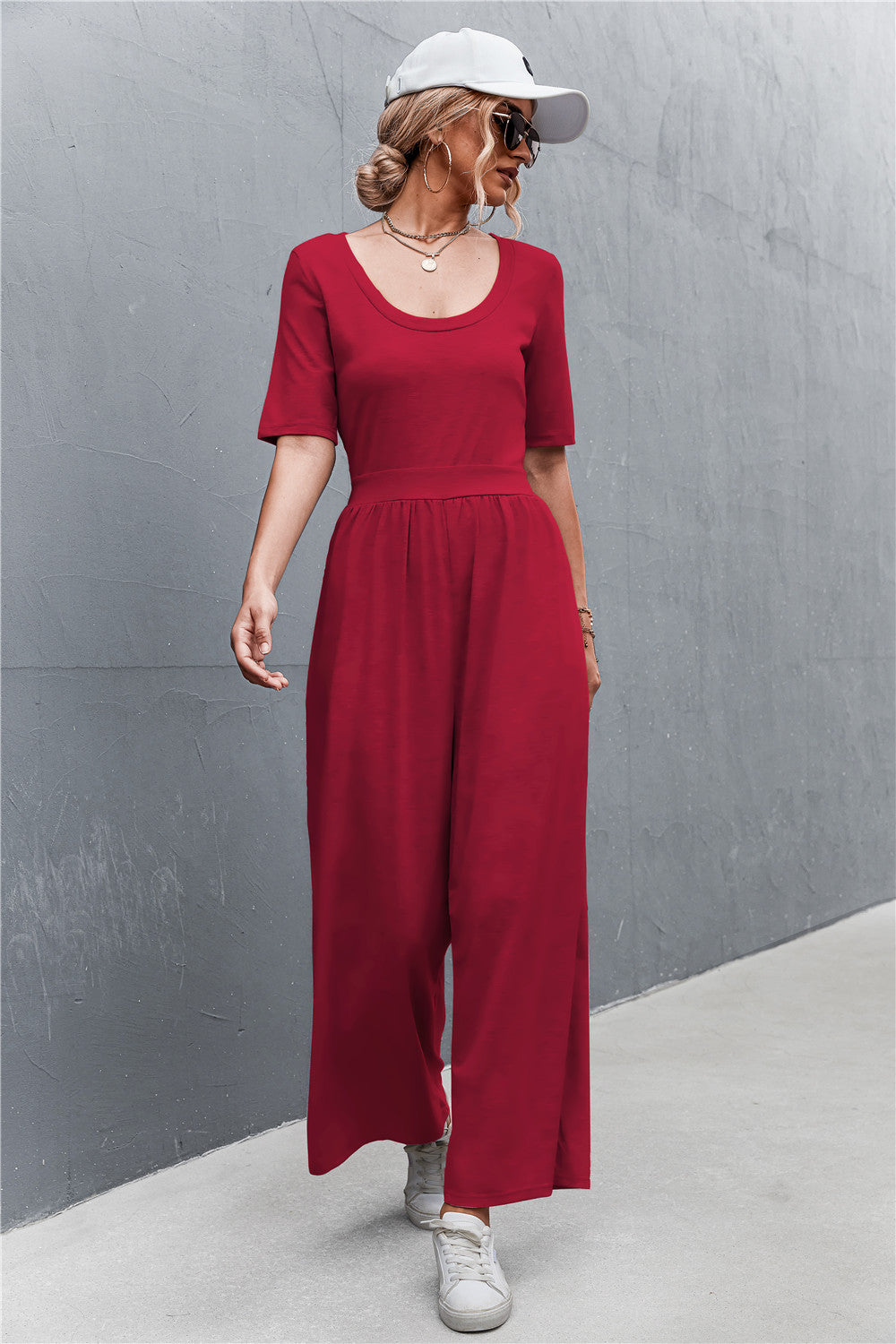 Women's Scoop Neck Half Sleeve Wide Leg Jumpsuit