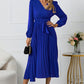 Full Size V-Neck Long Sleeve Tie Waist Midi Dress