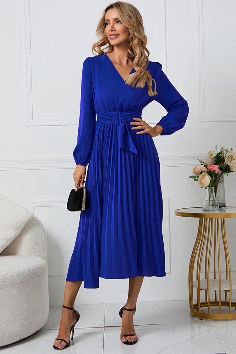 Full Size V-Neck Long Sleeve Tie Waist Midi Dress