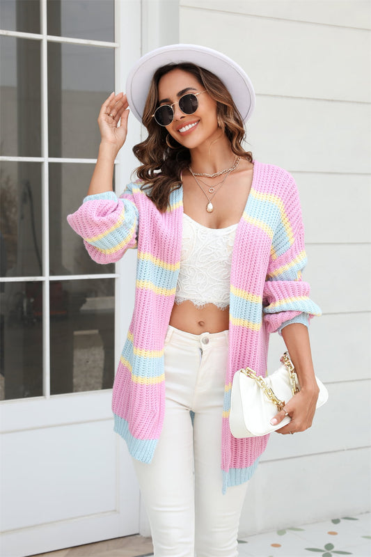 Sophia & Grace Color Block Ribbed Dropped Shoulder Open Front Cardigan