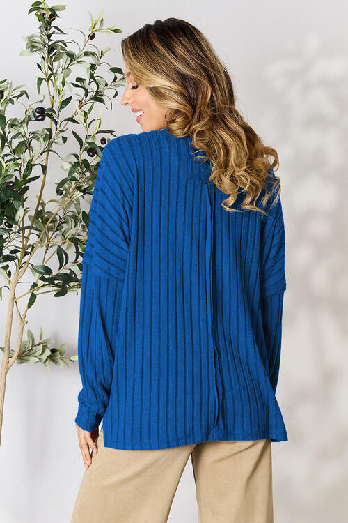 Basic Bae Full Size Ribbed Round Neck Slit Long Sleeve T-Shirt *