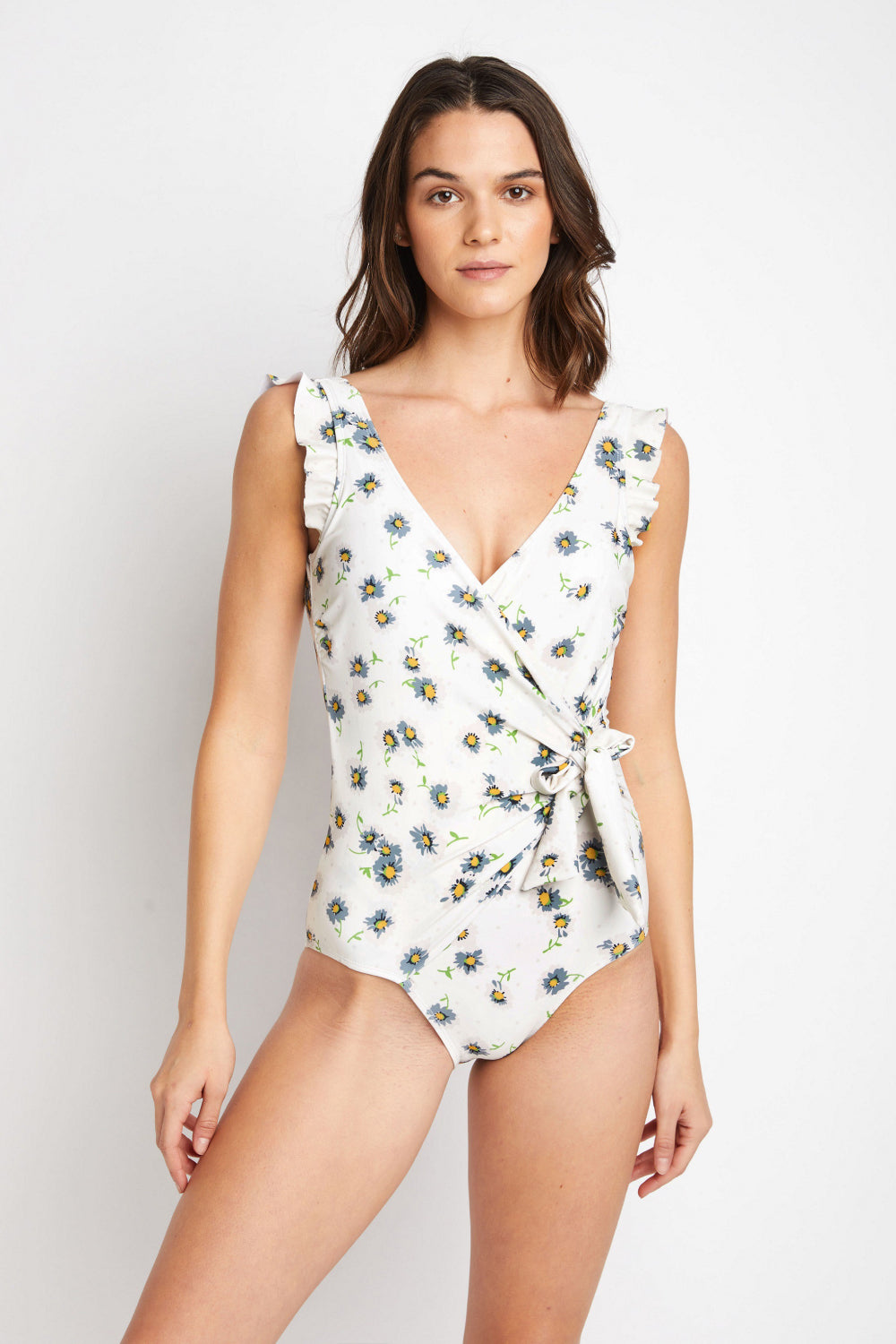 Marina West Swim Full Size Float On Ruffle Faux Wrap One-Piece in Daisy Cream