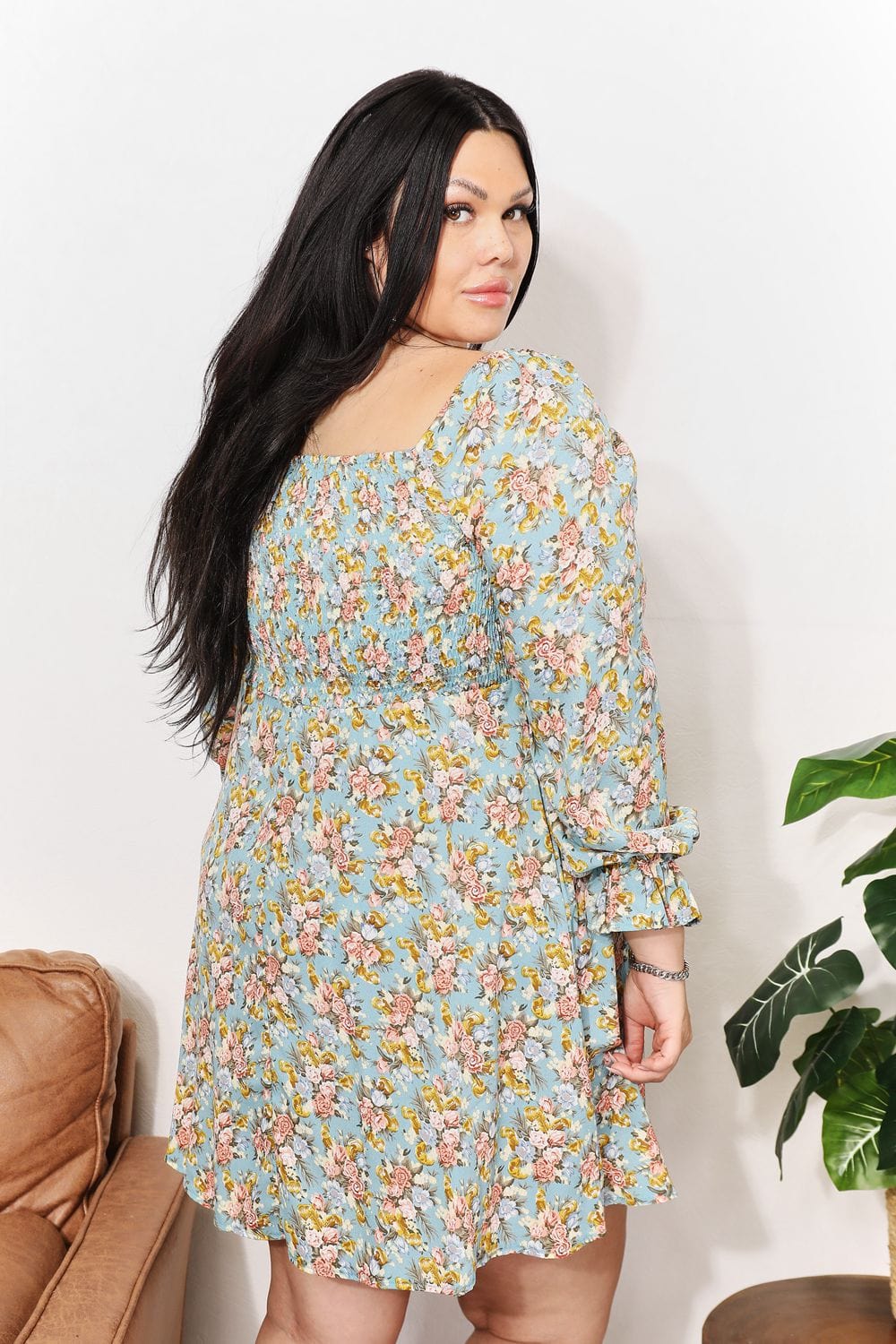 Double Take Floral Smocked Flounce Sleeve Square Neck Dress *