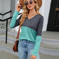 Full Size V-Neck Long Sleeve Two-Tone T-Shirt