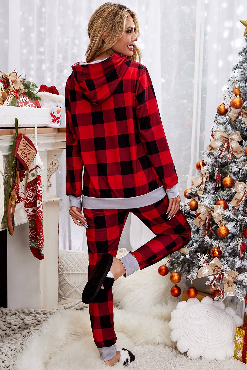 Christmas Plaid Contrast Trim Hooded Lounge Set