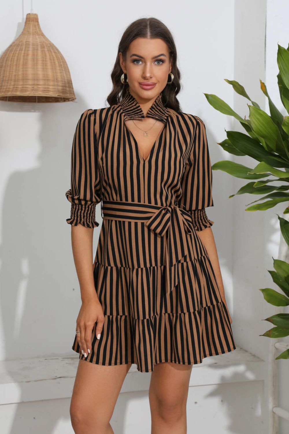 Stand Out Striped Tie Belt Tiered Mini Dress