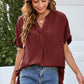 Ruched Notched Short Sleeve Blouse