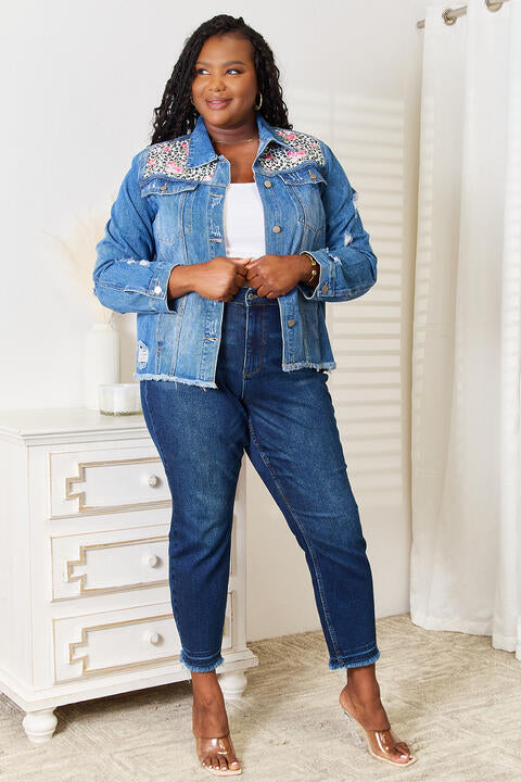 Baeful Leopard Floral Distressed Raw Hem Denim Jacket *