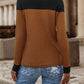 Contrast Buttoned Round Neck Long Sleeve T-Shirt